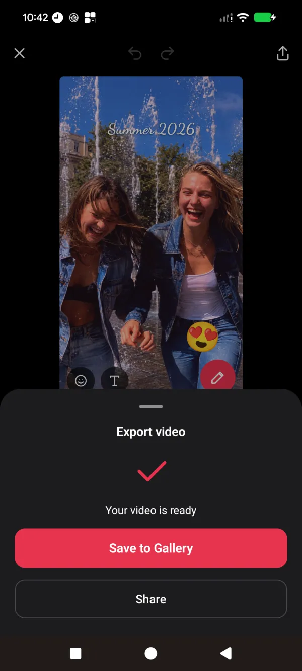 The export sheet: your video is ready, with Save to Gallery and Share