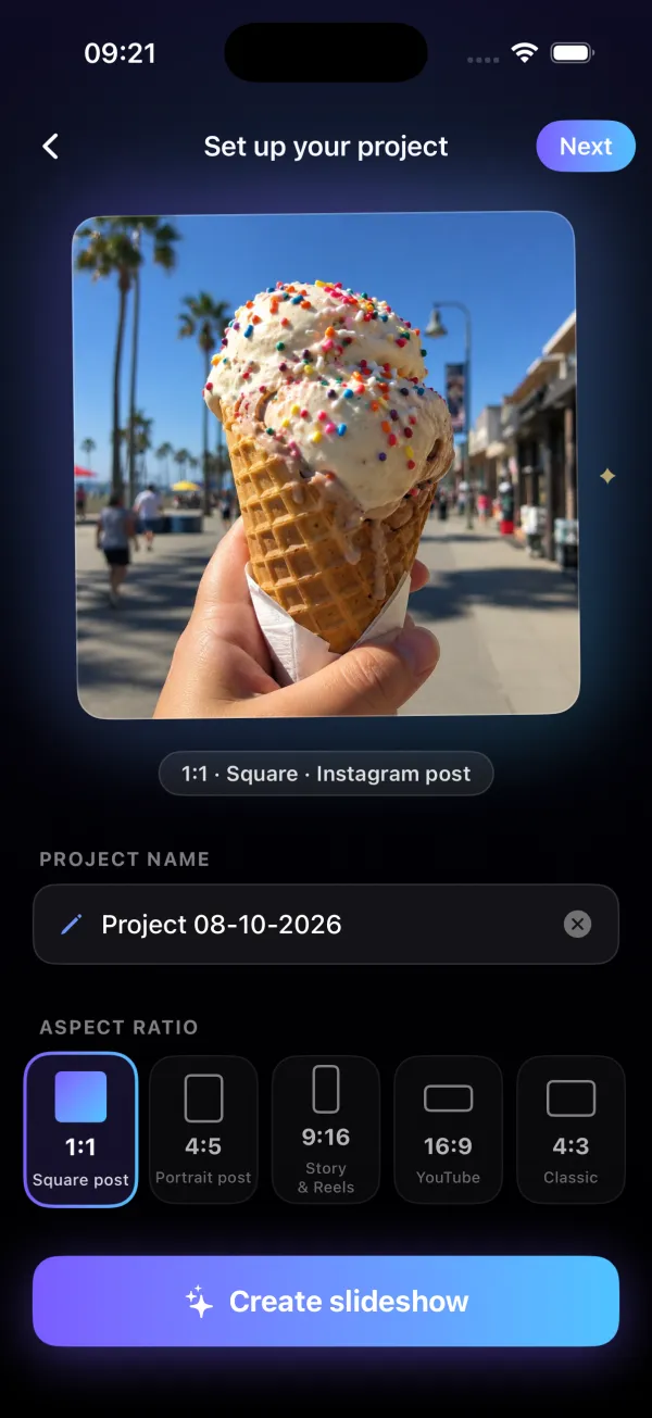 Setting up a project with the 1:1 square shape