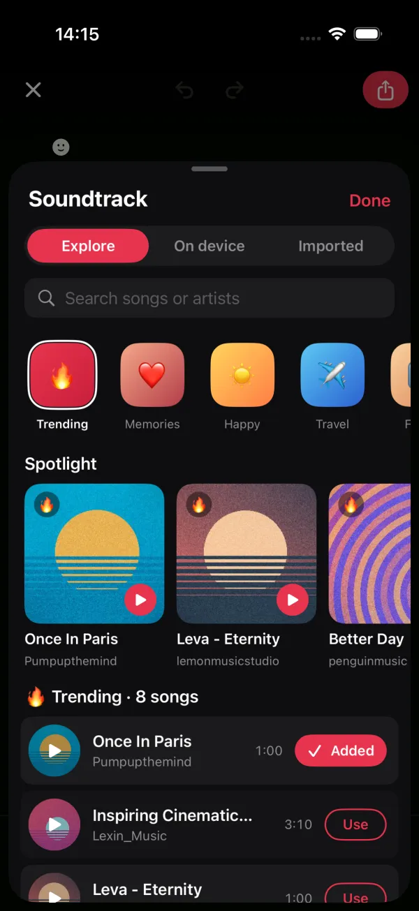The Soundtrack browser with mood categories and trending songs