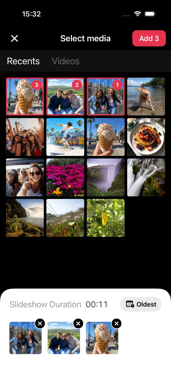 Selecting three photos from the library