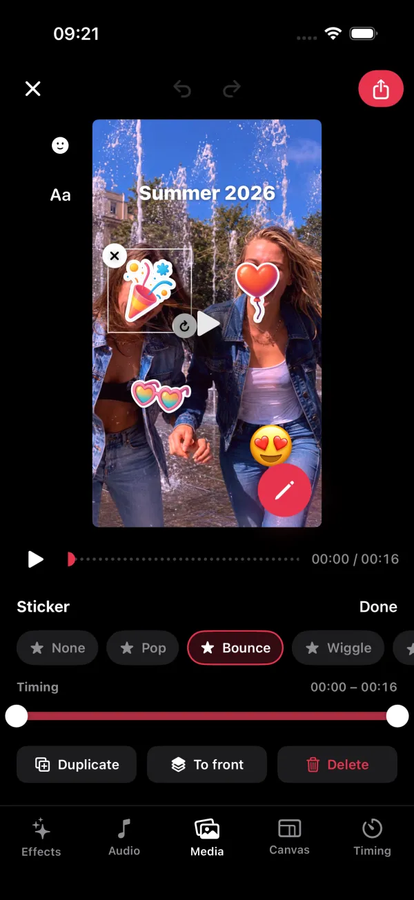 A photo with heart, party-popper and sunglasses stickers, set to bounce